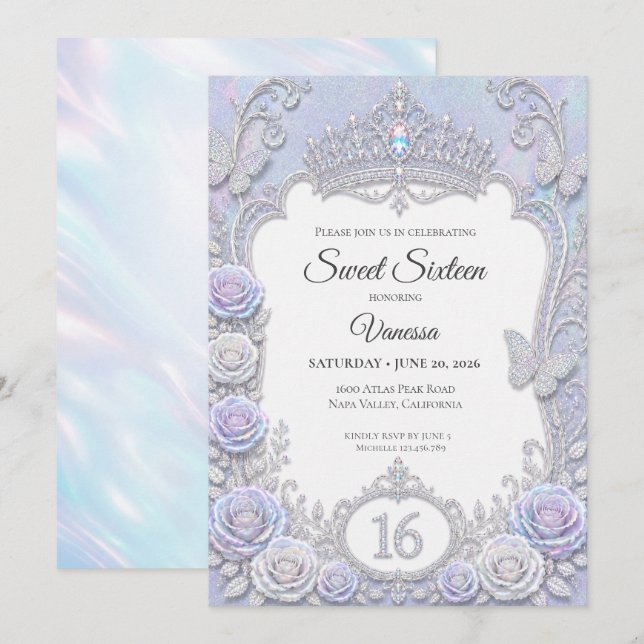 Eleganta Iridescerande Fjärilar Sweet 16 Inbjudningar (Fram/baksida)