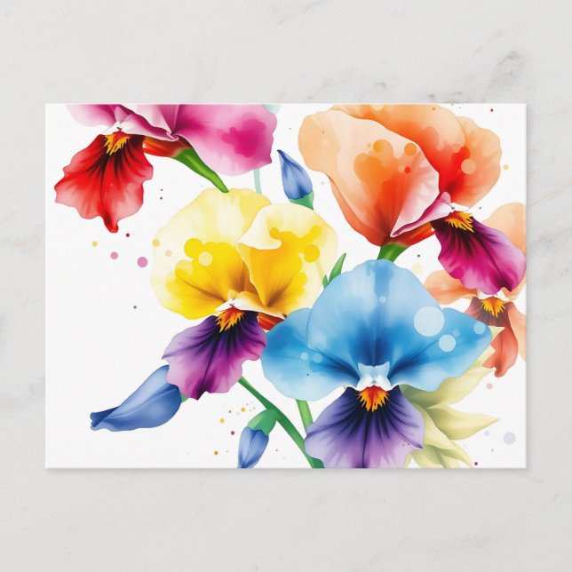 Eleganta Iris-blommor med vattenfärgssprut  Vykort (Framsida)