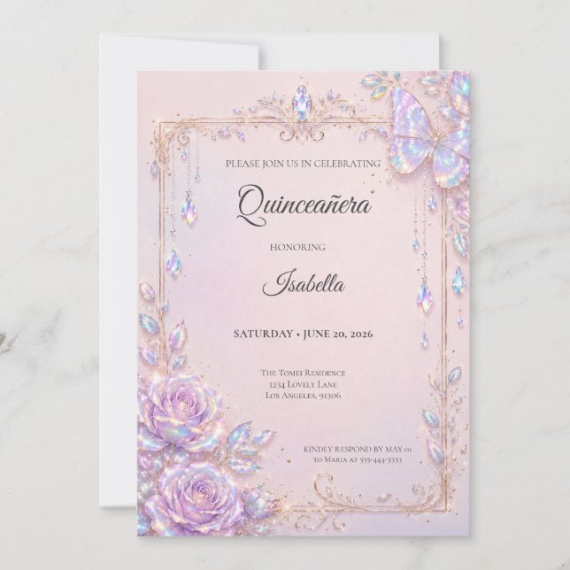 Eleganta iriserande fjärilar Quinceañera Inbjudningar (Framsida)