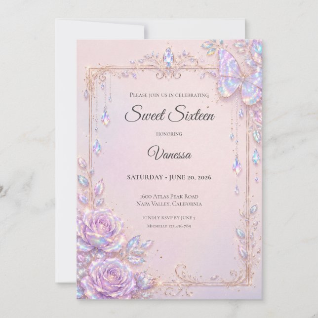 Eleganta Iriserande Fjärilar Sweet 16 Inbjudningar (Framsida)
