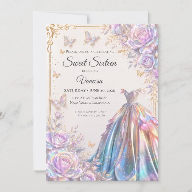 Eleganta Iriserande Fjärilar Sweet 16 Inbjudningar (Framsida)