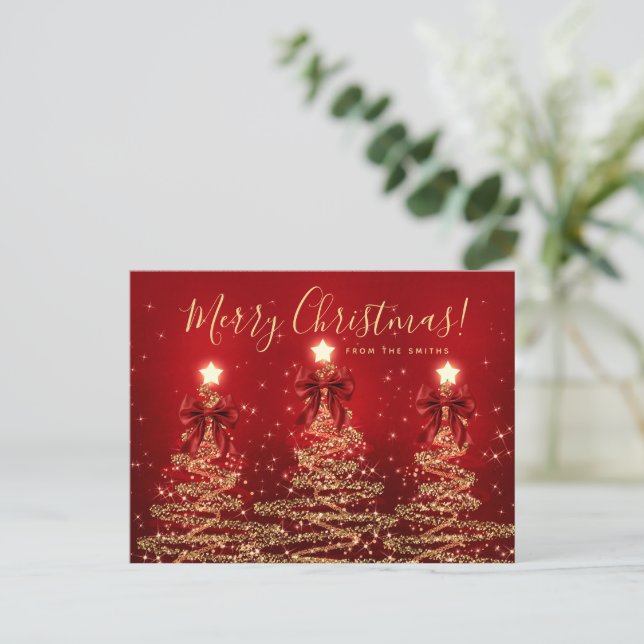 Eleganta jul guld röda julgranar med slingor vykort (Stående Fram)