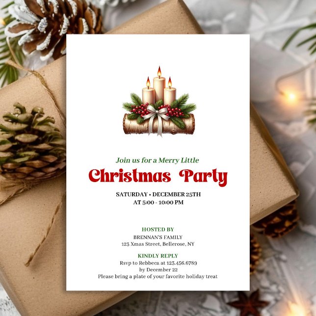 Eleganta julbärskyndlar julfest inbjudningar (Elegant Holly Berries Candles Christmas Party Invitation)