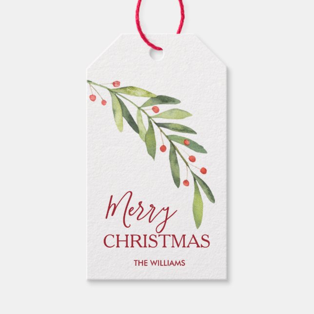 Eleganta julgran med bär God Jul Presentetikett (Framsidan)