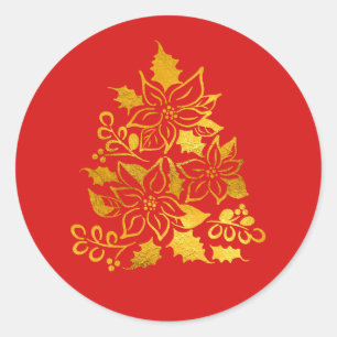 Eleganta julgran med guld folie julstjärnor runt klistermärke