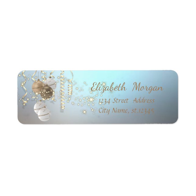 Eleganta julgranskulor, glans, blå returadress etikett (Framsidan)
