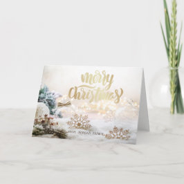 Eleganta julgranskulor guld snöflingor helgkort