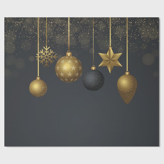 Eleganta julgranskulor i guld på mörk bakgrund presentpapper (Platt)
