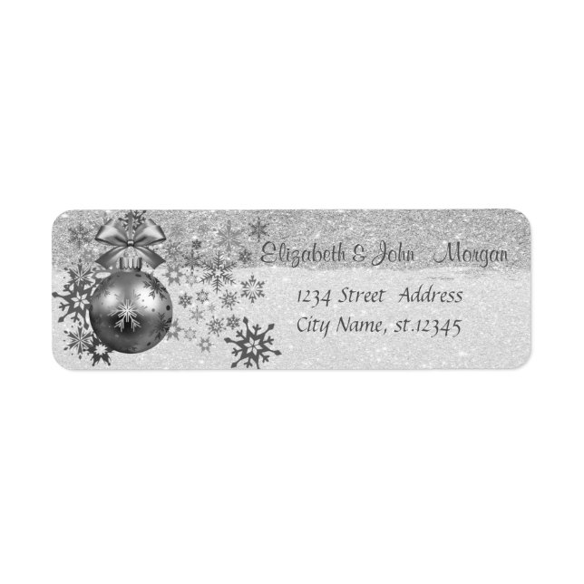 Eleganta julgranskulor, snöflingor, glitter returadress etikett (Framsidan)