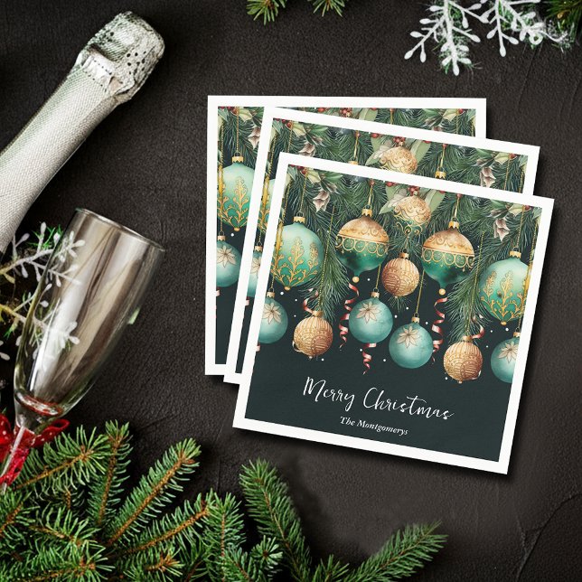 Eleganta julgransprydnader i guld och grönt pappersservett (Chic gold and green Christmas tree ornaments cocktail napkins)