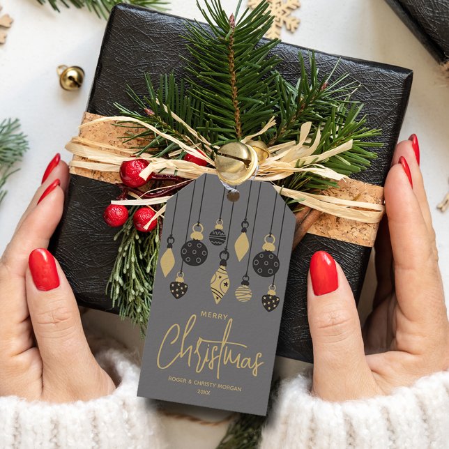 Eleganta julgransprydnader presentetikett (Chic Merry Christmas black and gray ornaments favor gift tags)