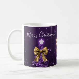 Eleganta julgröna lila julgranar med gyllene sling kaffemugg