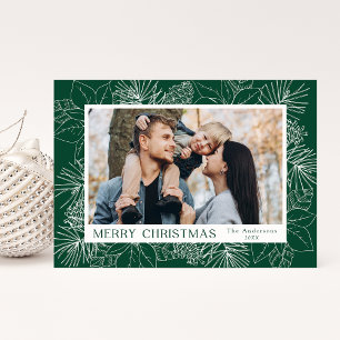 Eleganta julstjärnor och kottar Grön Foto Julkort