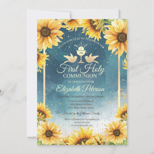 Eleganta kalk Sunflowers Första kommunion  Inbjudningar (Framsida)