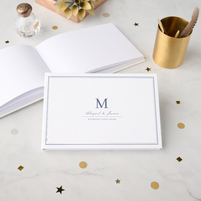 Eleganta kanter dammig blå minimalistisk monogram gästböcker (Framsida öppen)