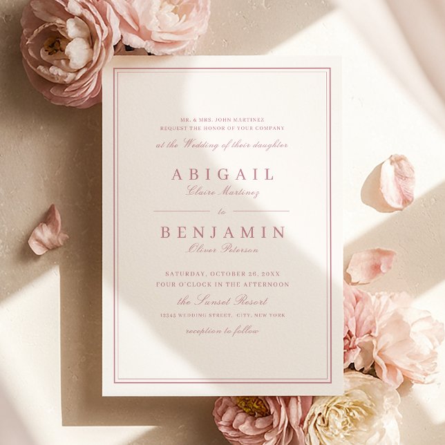 Eleganta kanter dammig rosa minimalistisk bröllop inbjudningar (Elegant borders dusty pink minimalist wedding invitation)