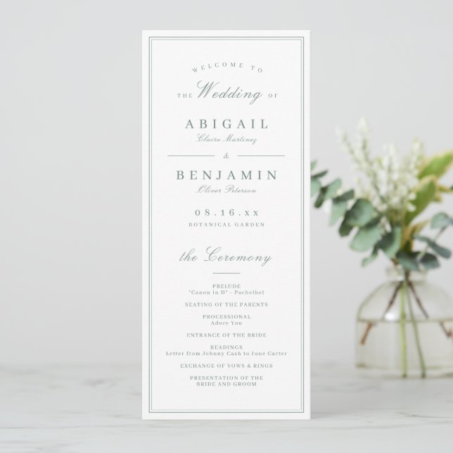Eleganta kanter salvia minimalistisk bröllopsprogr program (Stående Fram)