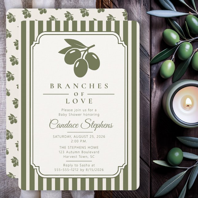 Eleganta kärleksgrenar Olivbaby shower Inbjudningar (Elegant olive branch baby shower invitation with sage stripes and timeless botanical styling.)
