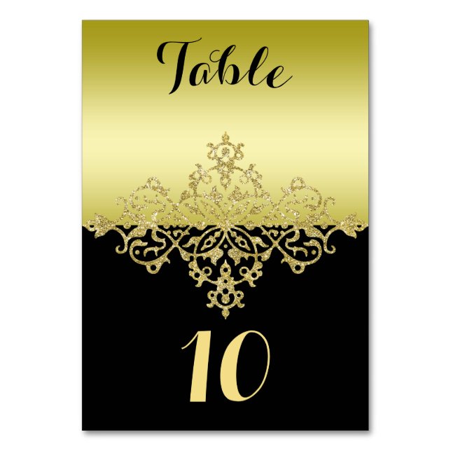 Eleganta, Klassiska Guld & Svarta Bröllops Bordnum Bordsnummer (Framsidan)