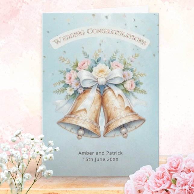Eleganta Klassiska Vackra Personliga Bröllopsklock Kort (A personalized wedding Congratulations card for the newlywed couple, with bells, flowers and ribbon)