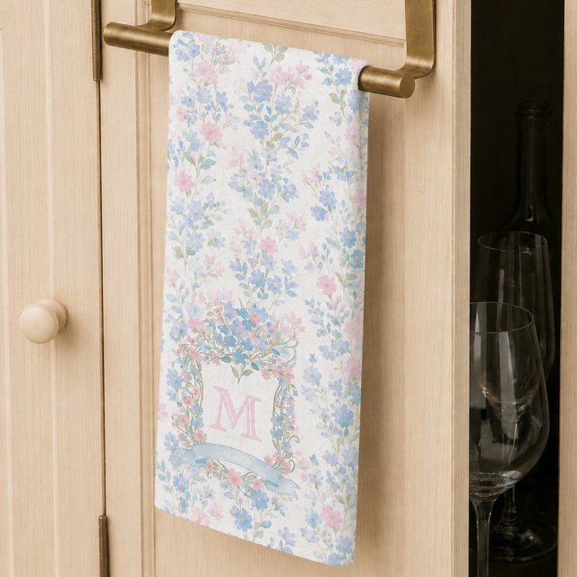 Eleganta köksdukar med blomster monogram kökshandduk (elegant feminine preppy pink blue floral monogram initial kitchen towel)