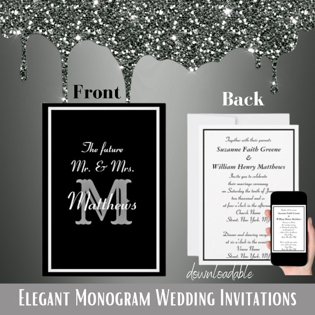 Eleganta kommande herr och fru monogram bröllopsin inbjudningar (Elegant Mr Mrs Monogram Black Wedding Invitations)