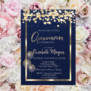 Eleganta konfettiballonger Navy Blue Quinceañera Inbjudningar