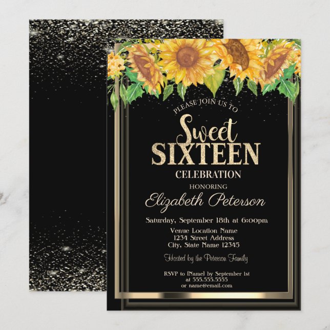 Eleganta konfettiguld ram solrosor Sweet 16 Inbjudningar (Fram/baksida)