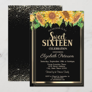 Eleganta konfettiguld ram solrosor Sweet 16 Inbjudningar