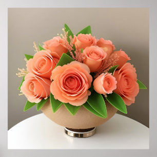 Eleganta korallrosor i glasflaska på bordet poster