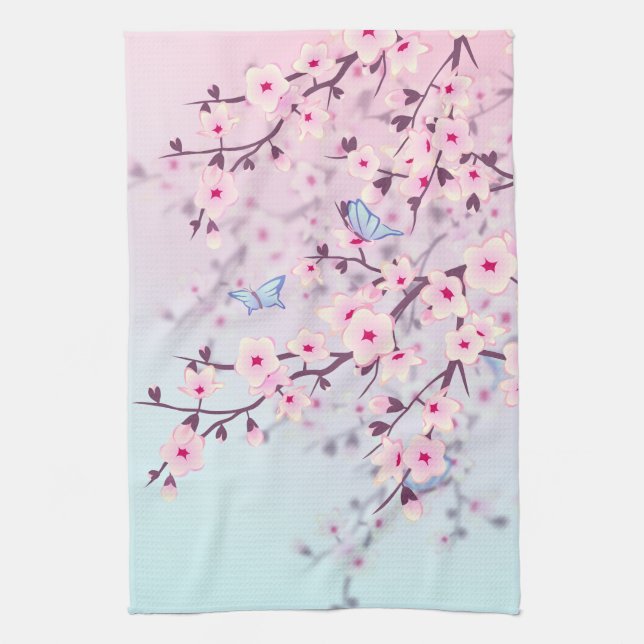 Eleganta körsbärsblommor  Landskap Rosa Blå Kökshandduk (Vertikal)