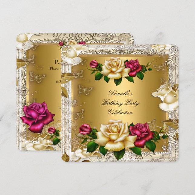 Eleganta krämiga guld rosa röda rosor födelsedagsf inbjudningar (Fram/baksida)