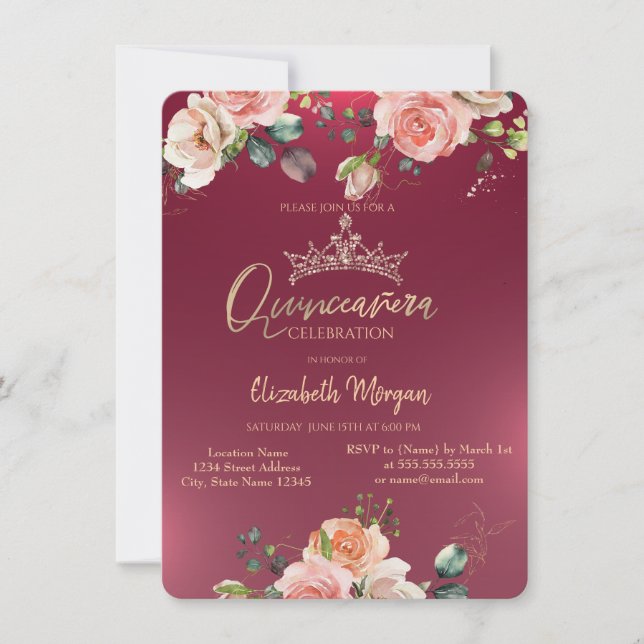 Eleganta Kronrosor Burgunder Quinceañera Inbjudningar (Framsida)