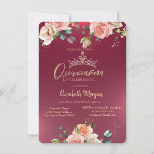 Eleganta Kronrosor Burgunder Quinceañera Inbjudningar