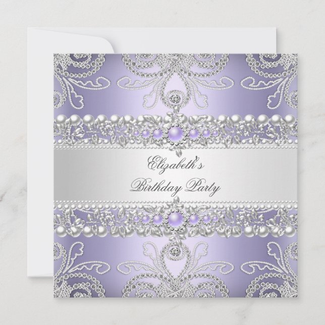 Eleganta Lavendel Diamanter Silver Blommig Födelse Inbjudningar (Framsida)