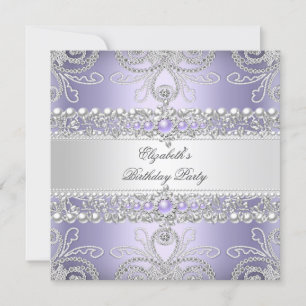 Eleganta Lavendel Diamanter Silver Blommig Födelse Inbjudningar