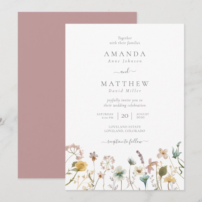 Eleganta Lila Akvarell Pressade Blommor Bröllop Inbjudningar (Fram/baksida)