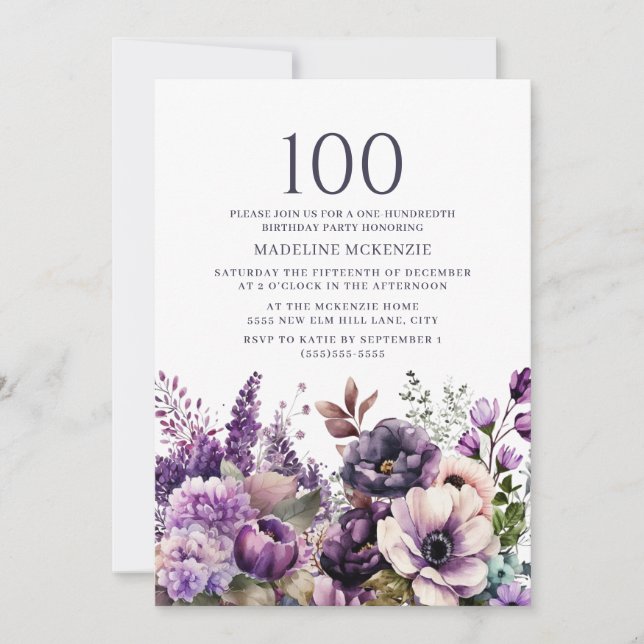 Eleganta lila blommor 100-årsdag inbjudningar (Framsida)