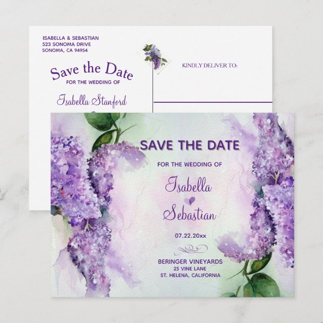 Eleganta lila blommor Bröllop Save The Date Meddelande Vykort (Fram/baksida)