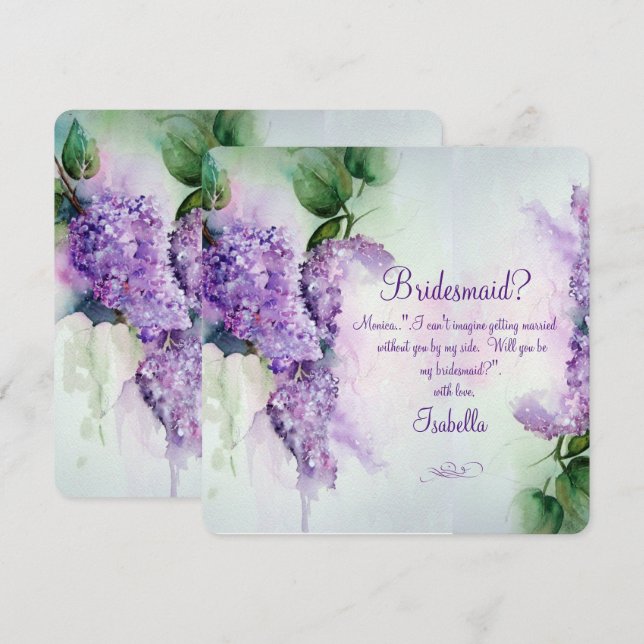 Eleganta lila blommor brudtärna förfrågan kort (Fram/baksida)