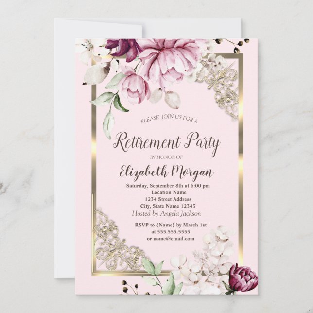 Eleganta lila blommor guld ram pensionering inbjudningar (Framsida)