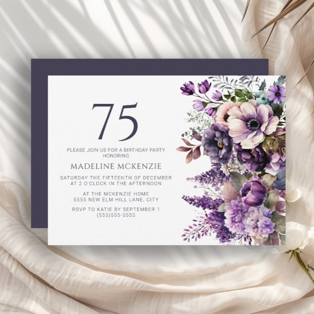 Eleganta lila blommor vuxen 75-årsdag inbjudningar (Elegant purple and pink floral 75th birthday party invitation)