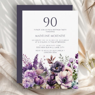 Eleganta lila blommor Vuxen 90-årsdag Inbjudningar