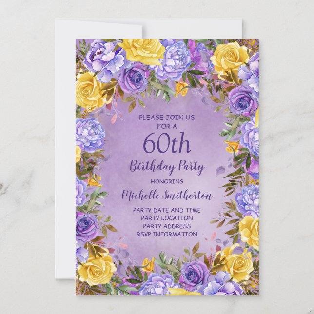 Eleganta lila gula rosor pioner 60-årsdag inbjudningar (Framsida)