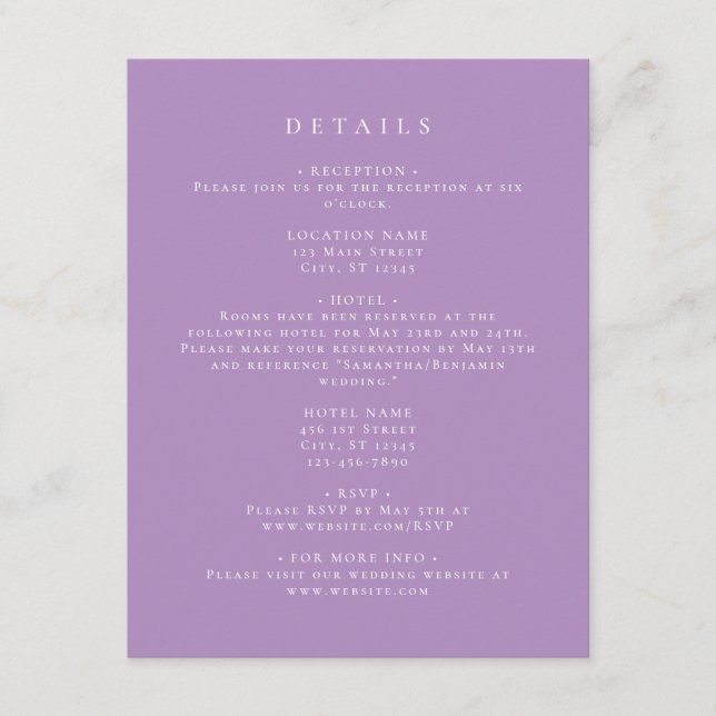 Eleganta lila koordinatdetaljer tilläggskort (Framsida)