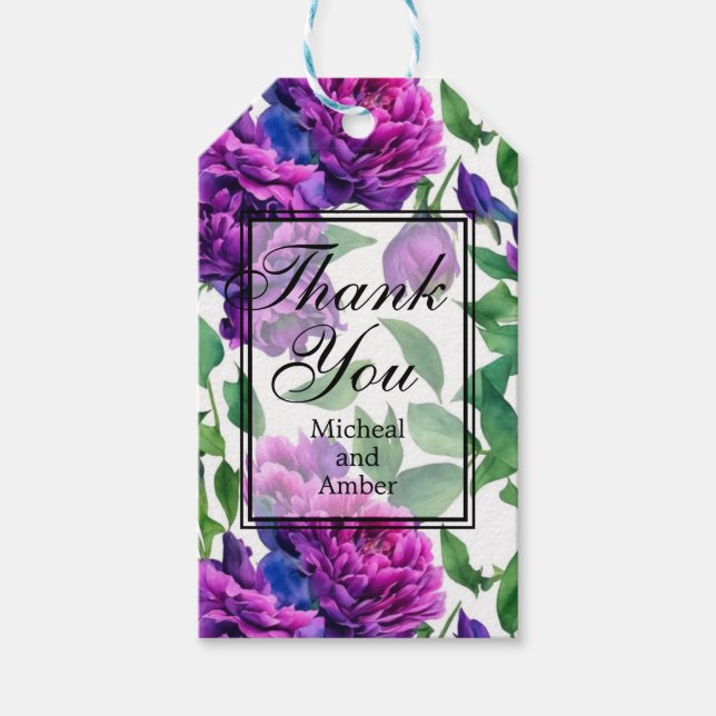 Eleganta lila magenta rosa akvarell peonior presentetikett (Framsidan)