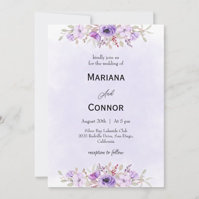 Eleganta lila minimalistiska blombröllopsinbjudnin inbjudningar (Framsida)