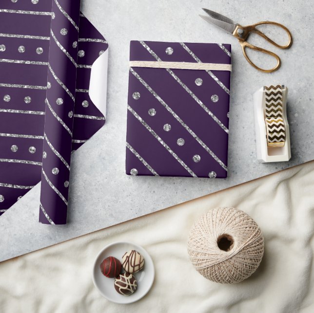 Eleganta lila och silver glitter julränder presentpapper (Hantverk)