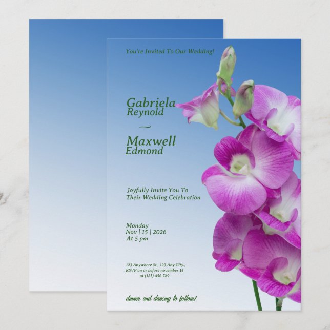 Eleganta lila orkidéer bröllop inbjudningar (Fram/baksida)
