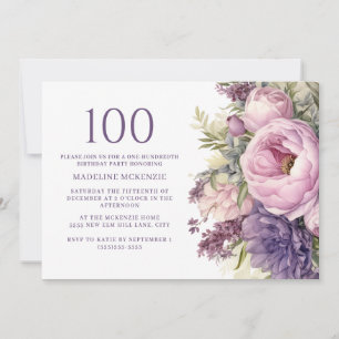 Eleganta lila rosa blommor 100-årsdag inbjudningar